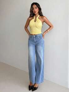 Aloruh Women's Elegant Metal Buckle Decor Cinched Waist Ruched Tie Neck Camisole,Summer Top - Light Yellow - View 4