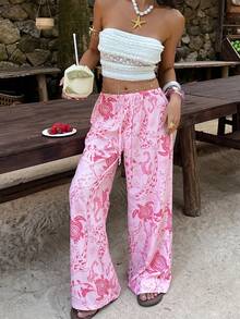Aloruh Women's Loose Drawstring Waist Sea Turtle Print Pants, Suitable For Vacation - Pink - View 8