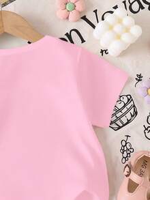 SHEIN 2pcs/Set Baby Girl Sweet & Cute Strawberry, Bow, Floral Print Short Sleeve T-Shirt And Pink & White Plaid Print Shorts Set, Suitable For Summer Outings - Multicolor - View 5