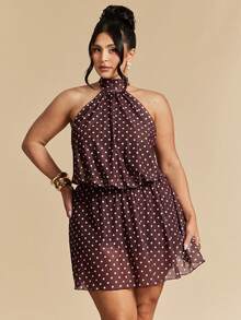 SHEIN BAE Plus Size Women's Brown Polka Dot Mini Dress,Elegant Halter Tie Neck Mesh Summer Wedding Guest Dress,Halter Backless Party Vacation Beach Outfits - Brown - View 1