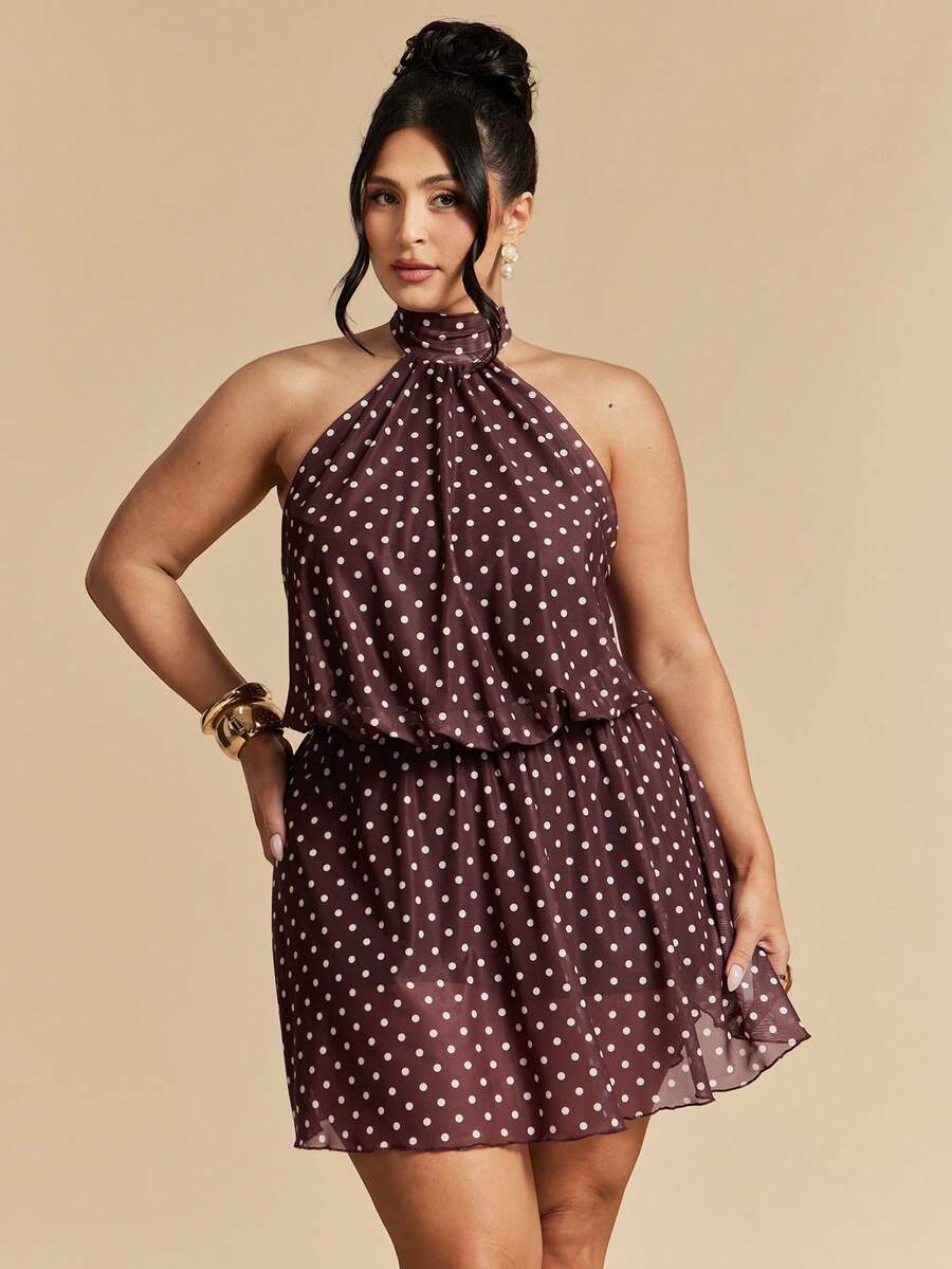 SHEIN BAE Plus Size Women's Brown Polka Dot Mini Dress,Elegant Halter Tie Neck Mesh Summer Wedding Guest Dress,Halter Backless Party Vacation Beach Outfits - Brown - View 1