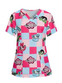 PopScrub THE POWERPUFF GIRLS X SHEIN 女士粉蓝格子印花V领工作服上衣，卡通IP联名款 - 彩色 - 查看 10