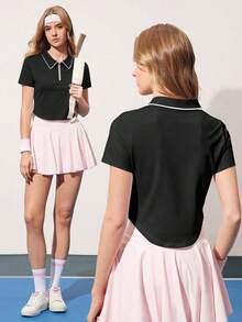 Courtclass Women's Solid Color Short Sleeve Polo Shirt - Half-Zip Color-Block Athletic Top For Tennis Golf Training Running Fitness - Black - View 1