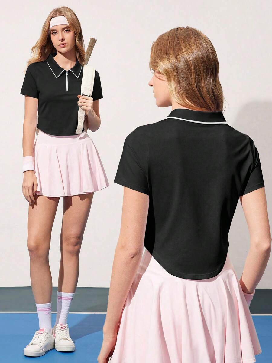 Courtclass Women's Solid Color Short Sleeve Polo Shirt - Half-Zip Color-Block Athletic Top For Tennis Golf Training Running Fitness - Black - View 1
