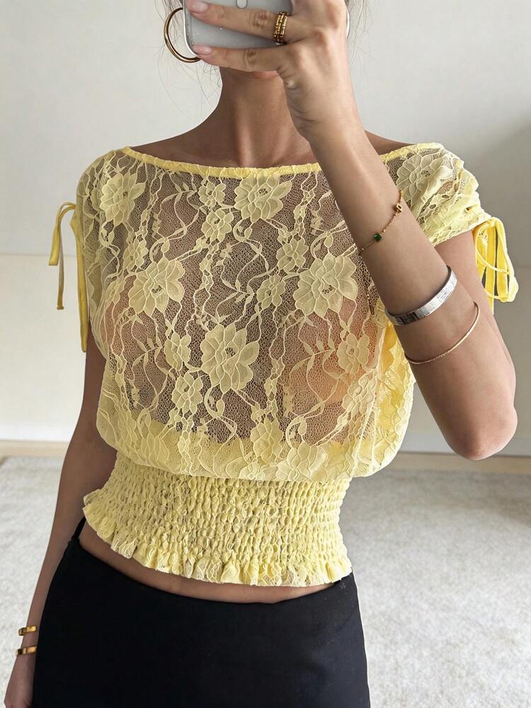 Women's Yellow Lace Semi-Sheer Casual Blouse With Tie-Up Design, Suitable For Spring/Summer, Valentine's Day, Vacation
