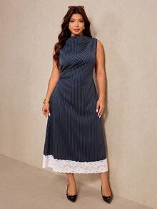 Elaquor Plus Size Women's Navy Blue Ruffle Lace Hem Elegant Dress, Summer Tea Party Formal Sleeveless Midi Dress, Business Casual Draped Neckline Lace Trim - Navy Blue - View 6