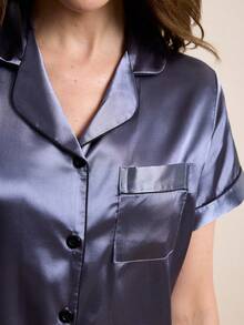 Contrast Piping Satin PJ Set / Pajama Set - Grey - View 5