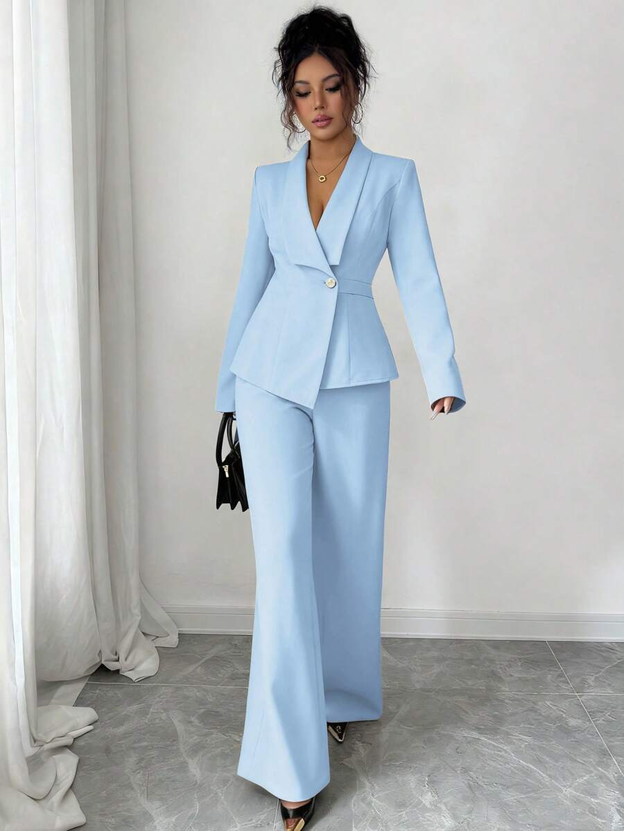 Elenzga Women's Suit Set, Suit Fabric, Lapel Collar, Long Sleeve, Waist Cinched A-Line Asymmetric Hem, Metal Button Decor, Sophisticated & Elegant For Office, Commute, Street Style, French Romantic, Casual, Middle Eastern Vintage, Afternoon Tea, Party, Thanksgiving, Back To School, Spring/Autumn/Winter - Blue - View 1
