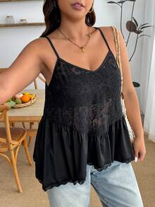 Enliva Canotta casual versatile da donna taglie forti con volant in pizzo, adatta per forme a mela e rotonde, top estivi - nero - Visualizzare 7