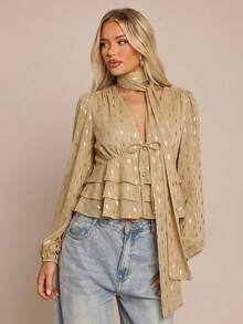 Glamine Women's French Style Casual Shirt With Metallic Gold Leaf Pattern, Detachable Ribbon, Layered Ruffle Hem, Suitable For Autumn And Winter - Khaki - View 5