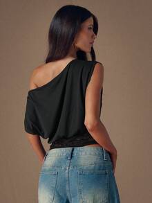 SHEIN PETITE CURVE 大码女装时尚黑色针织蕾丝拼接不对称肩部上衣，夏季衬衫，休闲上衣，优雅上衣，度假装，黑色上衣 - 黑色 - 查看 2