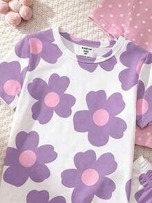 SHEIN 4pcs/2sets Girls Floral & Polka Dot Print White Base Knitted Crew Neck Top And Shorts 2-Piece Casual Homewear Set - Multicolor - View 3
