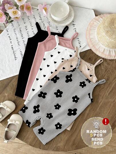 [Ngẫu nhiên 5 chiếc, Gửi 1 chiếc] Áo liền quần hai dây kẻ sọc đen trắng cổ điển, họa tiết hoa nhỏ, hoa graffiti, nữ tính, thoải mái, phong cách Y2K, Kawaii, thích hợp cho mùa xuân/hè, trang phục hè dễ thương cho trẻ em đi chơi, đồ hè cho bé, đồ đi chơi hè, phong cách Hàn Quốc, thoải mái dễ chịu, trẻ em sành điệu, Y2K, Kawaii, dự tiệc, hàng ngày, kỳ nghỉ, dễ thương, thoải mái, đi chơi, hè 2026, phong cách Cottagecore, thường ngày cuối tuần, đi chơi gia đình, trang phục chụp ảnh, thoải mái, áo thun in hình cho bé và trẻ em.