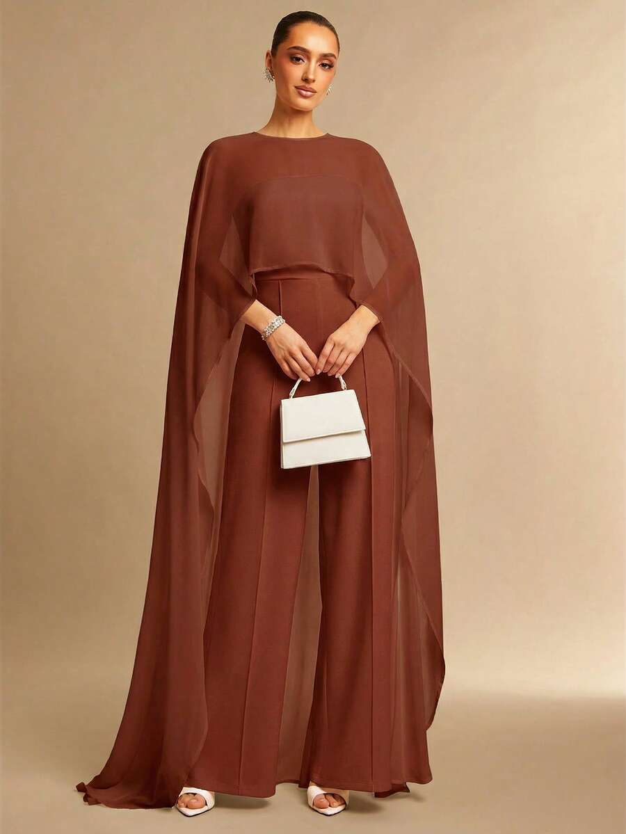 Silquee Women's Solid Color Chiffon Shawl Design Casual Jumpsuit - Brown - View 1