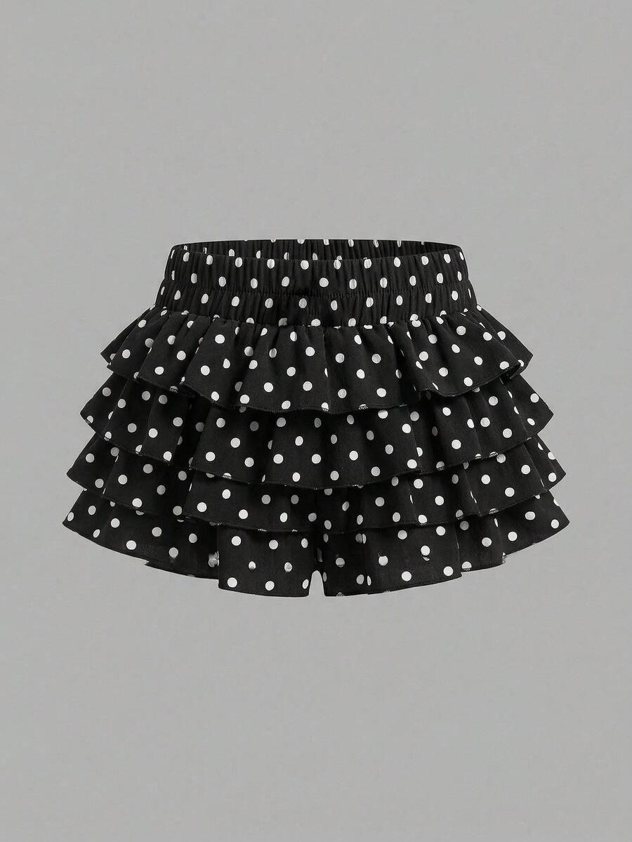 SHEIN 少女休闲纯色波点裙裤 - 黑色 - 查看 1