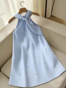 SHEIN Đầm chữ A cổ yếm cho bé gái với nơ lớn đính hạt, đầm công chúa dễ thương thích hợp cho tiệc tùng, tiệc chiêu đãi, chụp ảnh, đi chơi, thời trang và đa năng. - Màu xanh nhạt - Xem 3