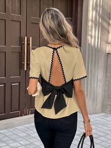 SHEIN PariChic 女士春夏奶油白色露背蝴蝶结衬衫，撞色荷叶边短款上衣 - 卡其色 - 查看 6
