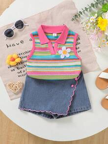 SHEIN Elladie kids 2件組少女夏季套裝，家庭度假穿搭，紋理針織背心上衣搭配牛仔裙褲，荷葉邊刺繡櫻桃花卉復古可愛套裝 - 彩色 - 查看 5