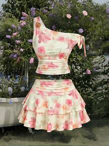 SHEIN MOD Plus Size Women's Pink Floral Summer Boho Vacation Holiday 2-Piece Set,Metal Decor Spaghetti Strap Tank Top And Ruffle Layered Mini Skirt Outfits - Multicolor - View 2