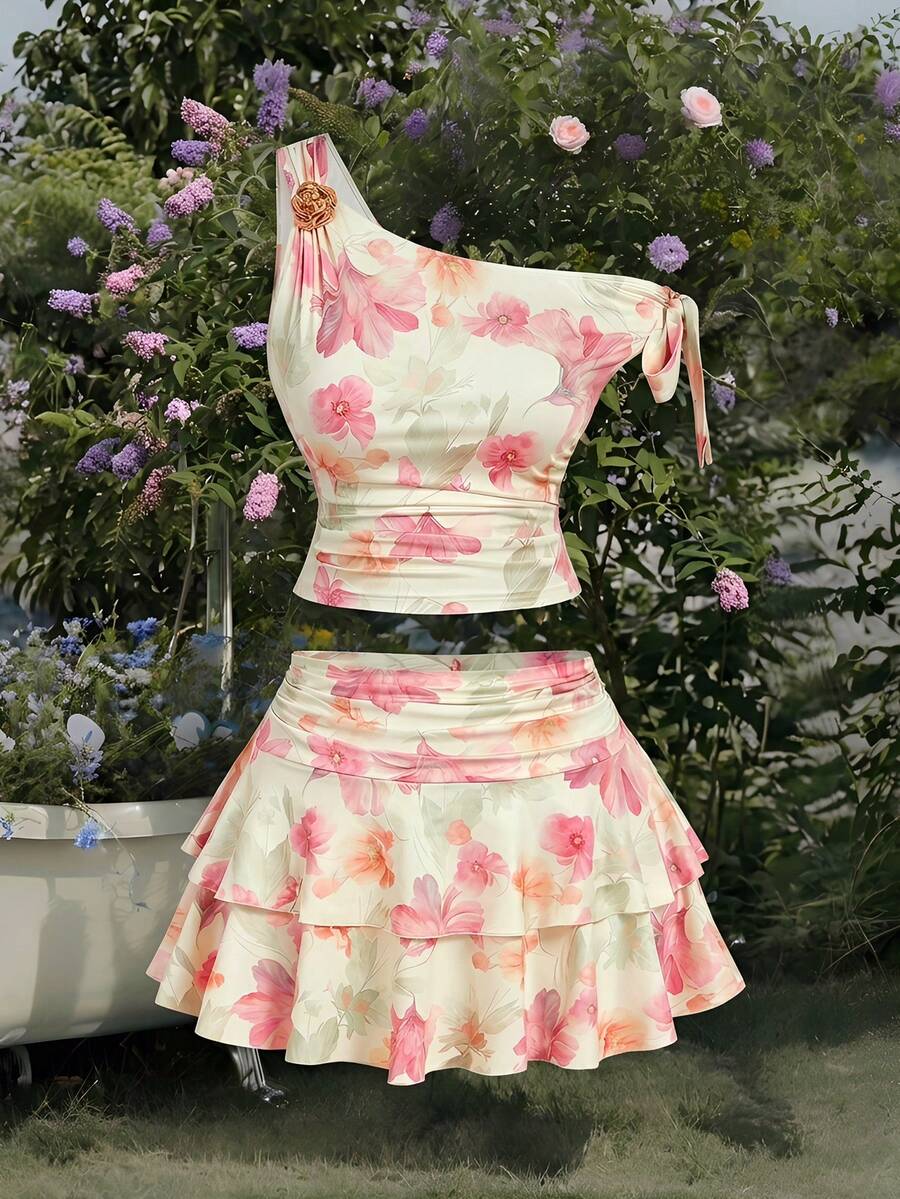SHEIN MOD Plus Size Women's Pink Floral Summer Boho Vacation Holiday 2-Piece Set,Metal Decor Spaghetti Strap Tank Top And Ruffle Layered Mini Skirt Outfits