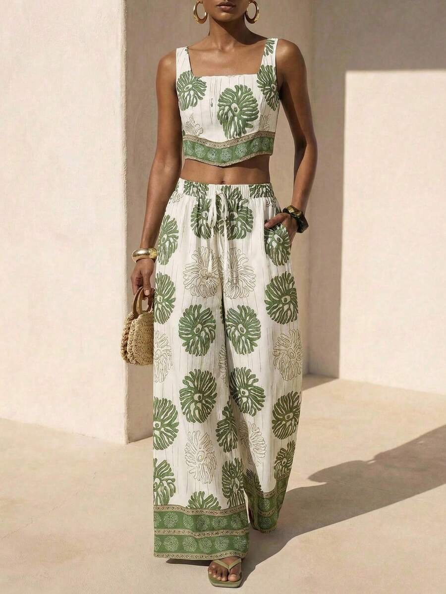 Zivah Bộ đồ hai mảnh nữ phong cách Boho thường ngày bán chạy nhất mùa Xuân/Hè 2026: Áo tank top crop cổ vuông in họa tiết và quần ống rộng cạp cao. Thích hợp cho mặc hàng ngày, đi nghỉ mát, du lịch, đi biển, phong cách miền Tây, du mục, lễ hội, trang phục sân bay và trang phục dự đám cưới. - Nhiều màu - Xem 1