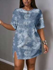 Slaydiva Tie-Dye Textured Plus Size Women Short Sleeve Dress, Suitable For Music Festivals - Multicolor - View 5