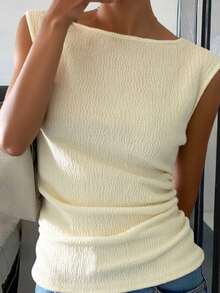 SHEIN PETITE Áo kiểu nữ mới, chất liệu có họa tiết, trễ vai, tay ngắn, ôm sát, thời trang. - Màu be - Xem 4
