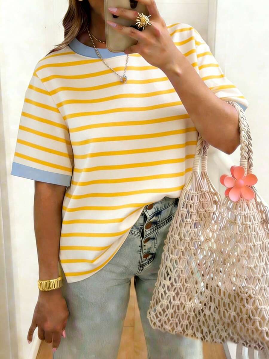 EMERY ROSE Striped Round Neck Casual Short Sleeved T-Shirt, Plus Size Women's T-Shirt, Summer - Multicolor - View 1