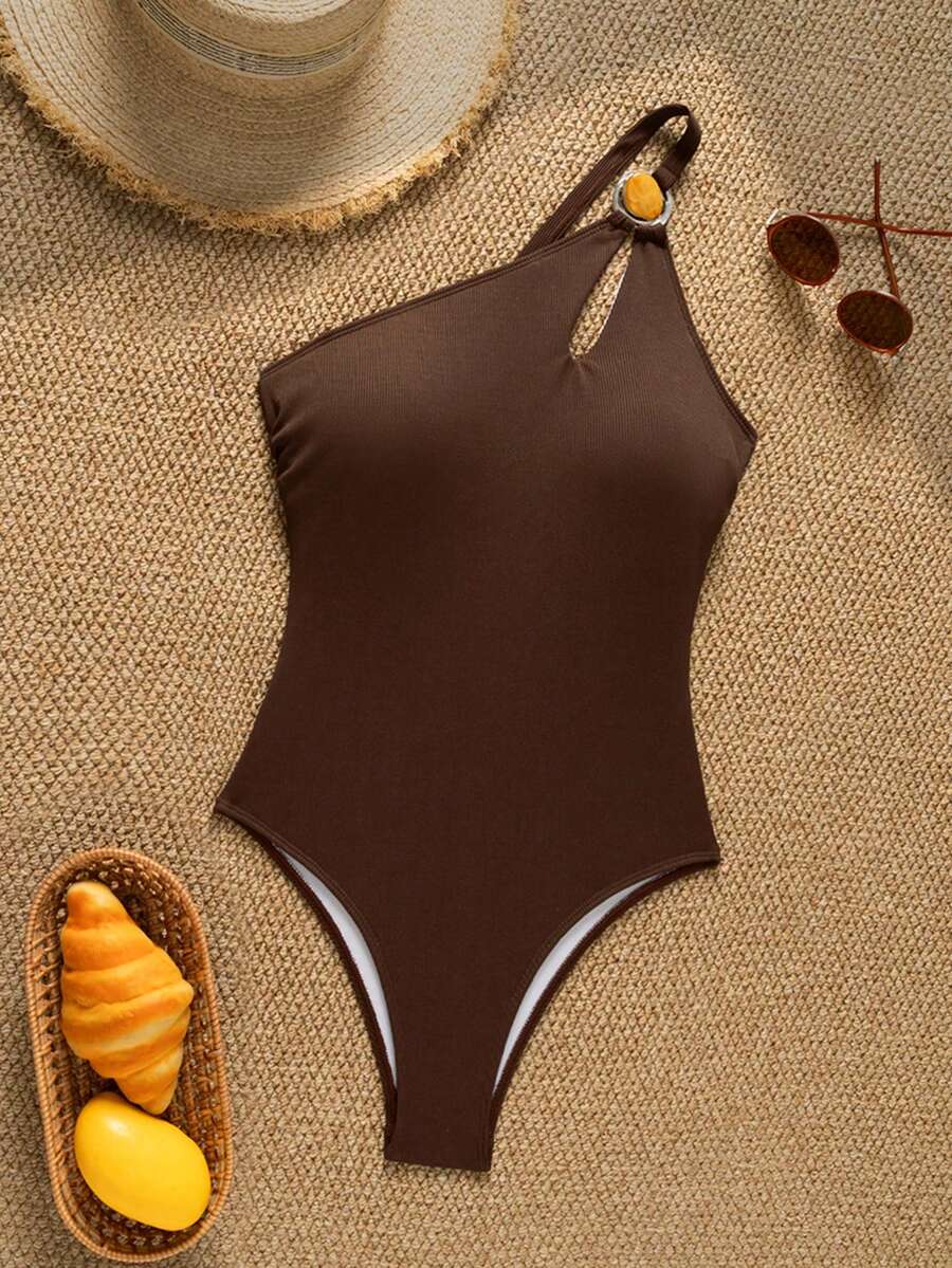 Swim Basics 女士纯色镂空连体泳衣，适合度假 - 棕色 - 查看 1
