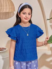 SHEIN LMoss Kids Tween Girls Cute Royal Blue Summer Blouse,Textured Ruched Ruffle Trim Flutter Sleeve Round Neck Fitted Top,French Elegant Vacation Style Back To School - Blue - View 6