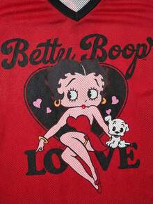 Betty Boop x SHEIN 大码女式V领卡通字母印花休闲百搭日常短袖T恤 - 紅色 - 查看 3