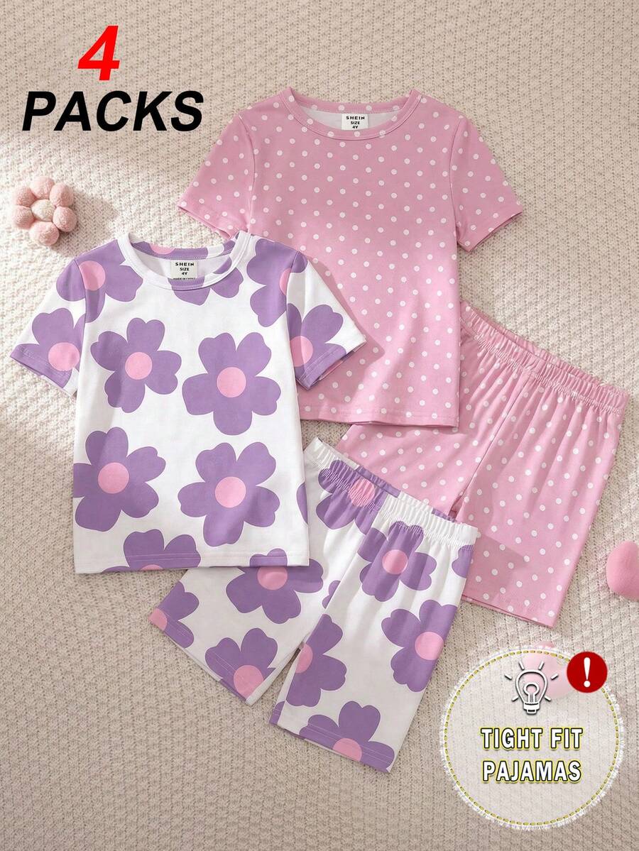 SHEIN 4pcs/2sets Girls Floral & Polka Dot Print White Base Knitted Crew Neck Top And Shorts 2-Piece Casual Homewear Set - Multicolor - View 1