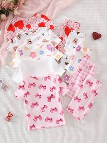 SHEIN 【5件套随机发货，送2件】女童短袖睡衣套装，夏季轻薄针织面料，爱心、花朵、蝴蝶结、小熊印花，舒适贴身圆领T恤和短裤睡衣套装 - 彩色 - 查看 2