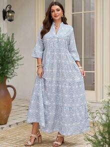 EMERY ROSE 大码女式印花V领喇叭袖连衣裙，度假风 - 藍白色 - 查看 5