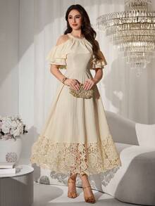 Modelyn Sweet & Youthful Yellow Elegant Ruffle Off-Shoulder Embroidered Patchwork Mid-Length Dress For Women - Apricot - View 5