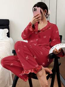 Dream Adore Blue Striped Bow Print Patchwork Contrast Color Lapel Long Sleeve Pajama Set For Women - Red - View 5