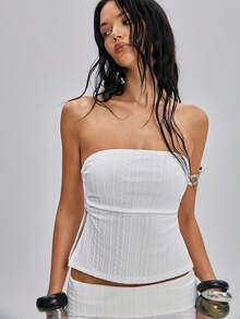 TypaGal 女士纹理侧开衩时尚抹胸上衣 - 白色 - 查看 5