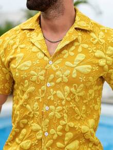 VENTUSAIL Men's Casual Jacquard Short Sleeve Shirt, Summer - Gold - View 4