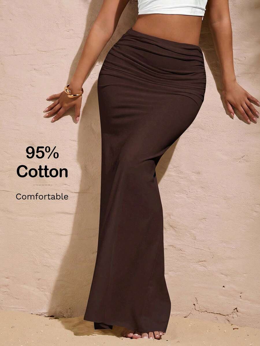 Opulessa Women's Solid Color Knit Skirt, Spring/Summer Vacation - Coffee Brown - View 1