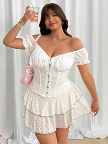 GalTyme 大码女式撞色蕾丝前系带修身优雅衬衫 - 白色 - 查看 4