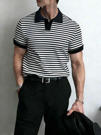 Manfinity Homme Camisa Polo de Manga Curta Listrada Masculina