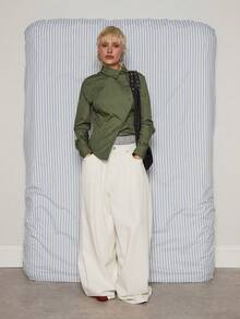 COUREZ Áo sơ mi ngắn tay dáng ôm bất đối xứng kẻ sọc / Trang phục đi chơi phong cách Y2K mùa thu đông dành cho nữ, quần áo mùa đông cho nữ, trang phục dự tiệc, áo kiểu gợi cảm cho nữ, trang phục thường ngày thanh lịch cho năm mới - xanh quân đội - Xem 2