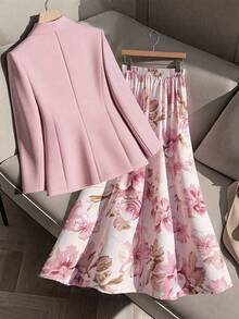 Plus Size Women's Fashionable Commuter Gentle Elegant Floral Print Blazer And Loose A-Line Skirt 2-Piece Set, Business Casual Outfit Blazer Set Women Skirt Suits For Women Two Pieces Women Sets Skirt Floral Blazer Blazer Skirt Set Spring Outfits For Women - Pink - View 2