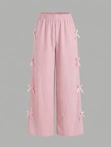 SHEIN Tween Girls Ribbon Bow Decor Loose Fit Black Casual Pants, Versatile Streetwear - Pink - View 5