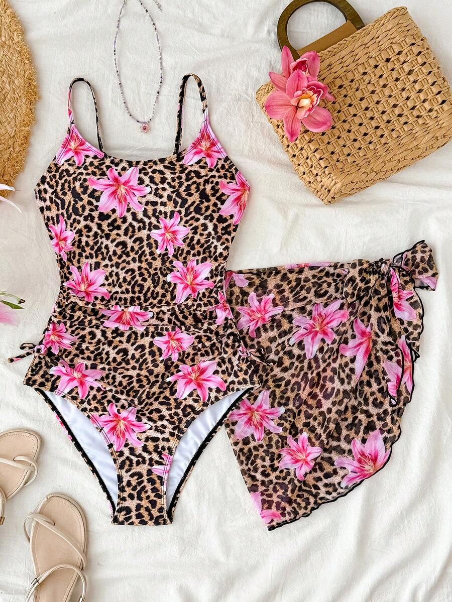 SHEIN Bộ bikini họa tiết hoa và da báo dành cho thiếu nữ, đồ bơi dệt kim ôm sát, thoải mái, năng động, có bèo nhún, bộ đồ bơi 2 mảnh họa tiết hoa cho kỳ nghỉ biển, đồ bơi một mảnh họa tiết da báo, đồ bơi in hoa và da báo, bộ đồ bơi in họa tiết da báo, đồ bơi một mảnh họa tiết da báo, đồ bơi in họa tiết động vật, đồ bơi một mảnh in họa tiết da báo đốm. - Nhiều màu - Xem 1