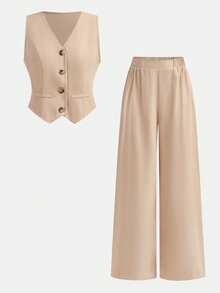 SHEIN Girlism Bộ đồ nữ tuổi teen thanh lịch, gồm áo blazer không tay cổ chữ V và quần ống rộng thẳng, thích hợp cho mùa hè đi học, mặc thường ngày, đi làm, đi nghỉ mát, ăn tối, hẹn hò, trở lại trường học. - Màu Khaki - Xem 10