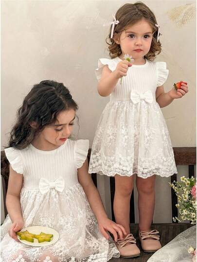 LMoss Kids 女婴针织纯色荷叶边网纱刺绣休闲连衣裙