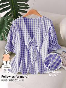 CosyJoli 大码女式格子系带短袖单排扣衬衫 - 紫色 - 查看 1