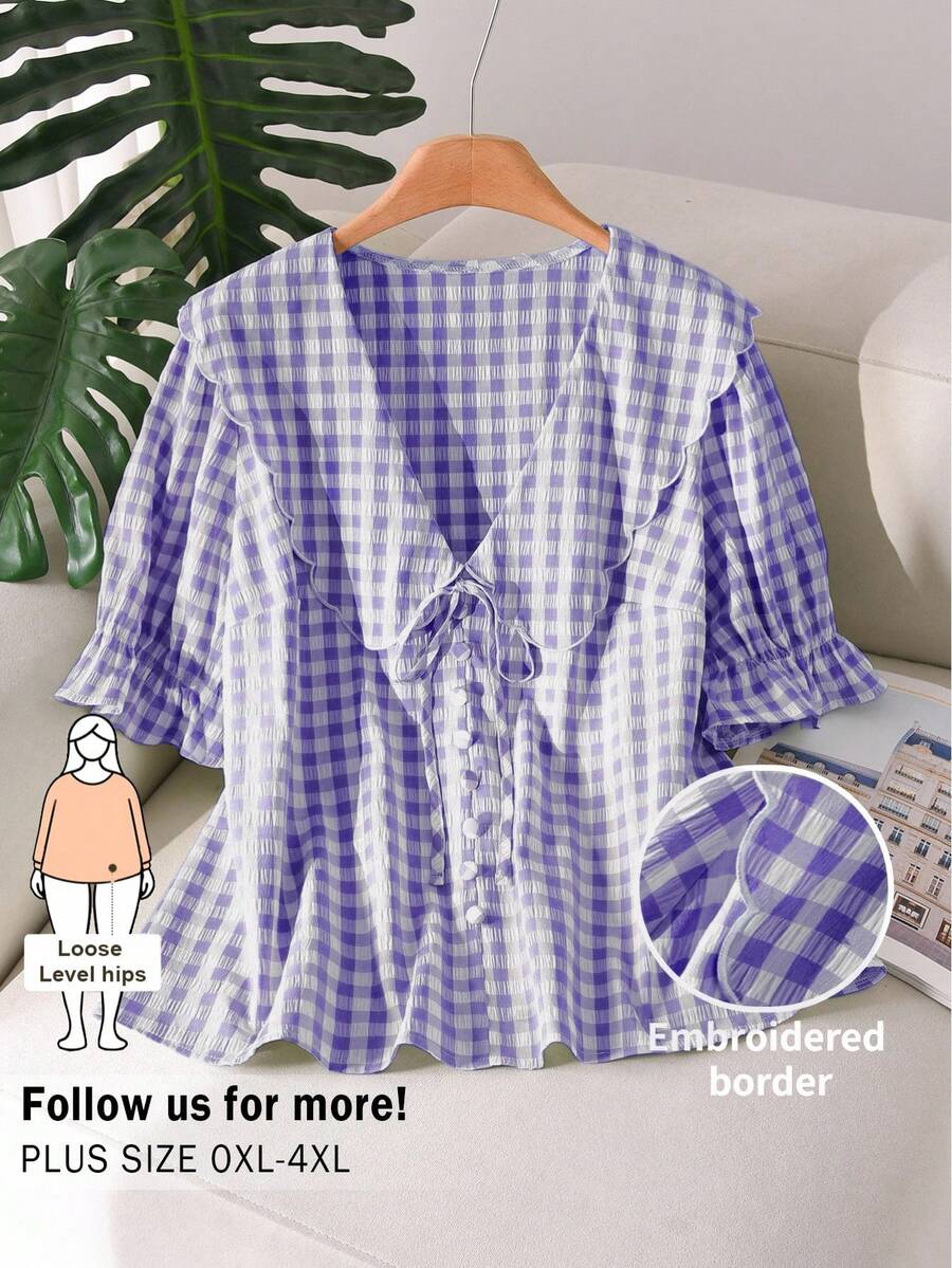 CosyJoli 大码女式格子系带短袖单排扣衬衫 - 紫色 - 查看 1
