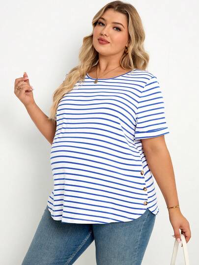 Plussiva Áo thun cổ tròn kẻ sọc dáng rộng thoải mái, đa năng dành cho phụ nữ mang thai cỡ lớn
